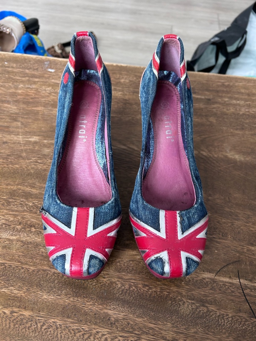 Atrai Blue Denim Heels Red White Union Jack Y2K British Flag Pumps Retro Shoes - Picture 1 of 9